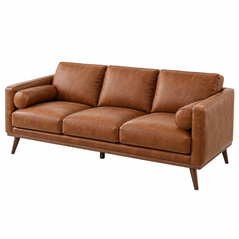 Sofa trzyosobowa 220 x 90 x 85 cm brązowa ze skóry syntetycznej do salonu w stylu mid-century