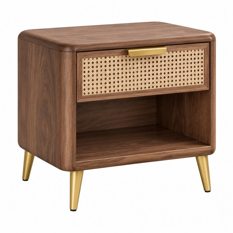 Szafka nocna 50 x 40 x 55 cm z drewna brązowa z rattanową szufladą w stylu retro