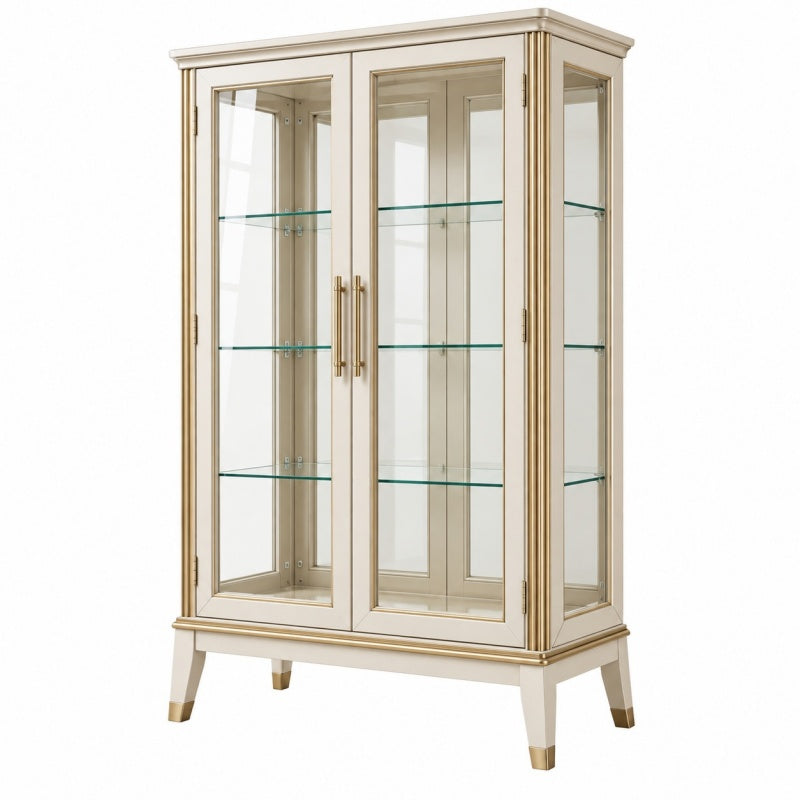 Witryna 100 x 45 x 170 cm ze szkła i płyty drewnopochodnej kremowo-złota w stylu klasycznym